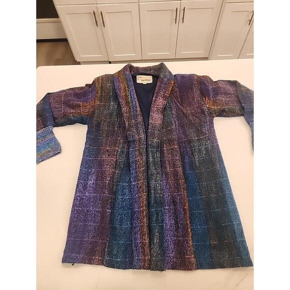 Joan McGee Artsy womens multi Lagenlook tweed hand knit vintage silk cardigan L